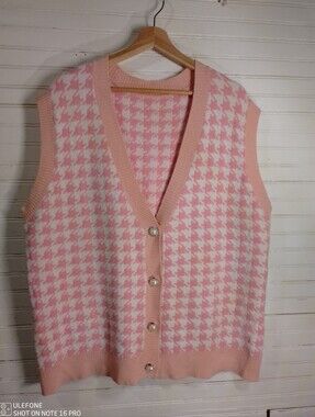 Pink Houndstooth Knit Sweater Vest Grandma Core